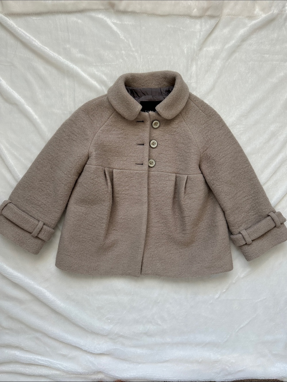 Zara Basic Wool Blend Taupe Beige 3/4 Sleeve Peter Pan Collar Swing Coat XS - Picture 5 of 11